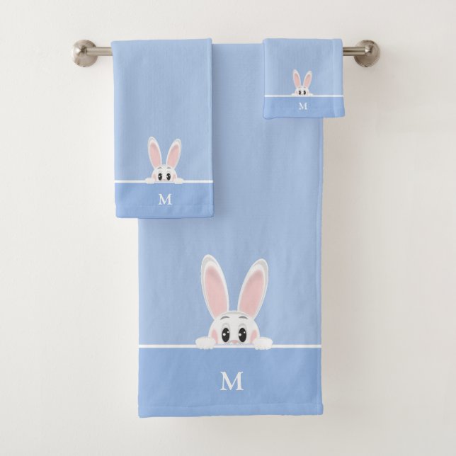 Cute Bunny & Monogram on Light Blue Bath Towel Set (Insitu)