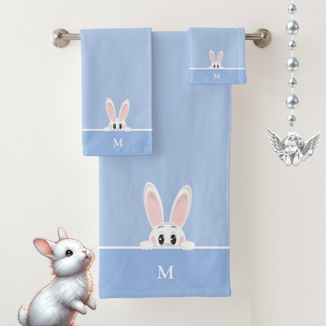 Cute Bunny & Monogram on Light Blue Bath Towel Set (Creator Uploaded)