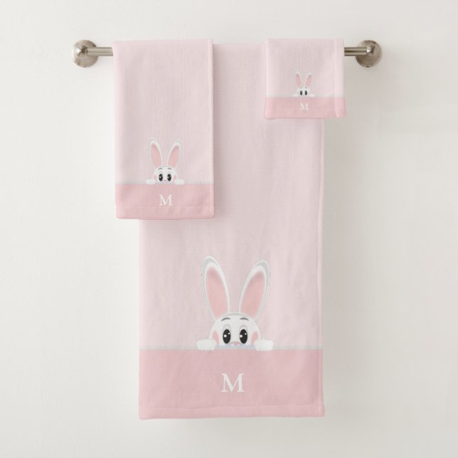 Cute Bunny & Monogram on Light Pink Bath Towel Set (Insitu)
