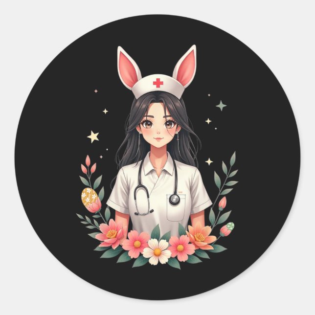 Cute Bunny Nurse Anime Girl Easter Medical Istant  Classic Round Sticker (Front)