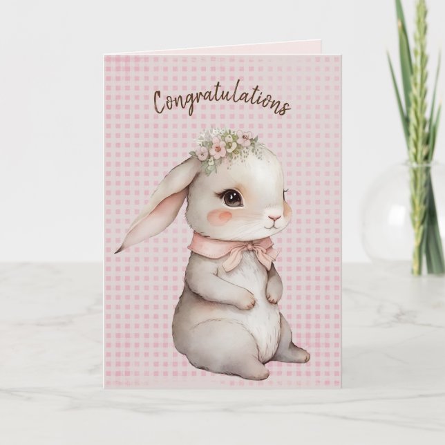 Cute Bunny On Gingham for New Baby Card (Front)