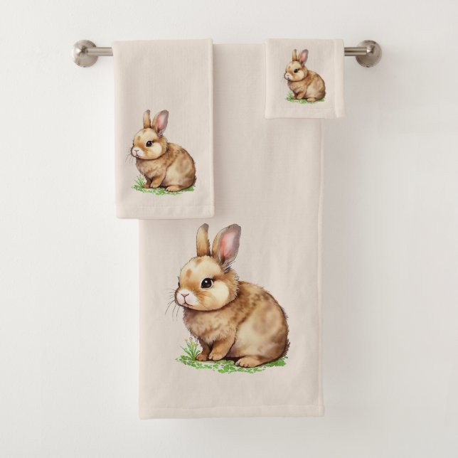 Cute Bunny on Light Sand Beige Bath Towel Set (Insitu)