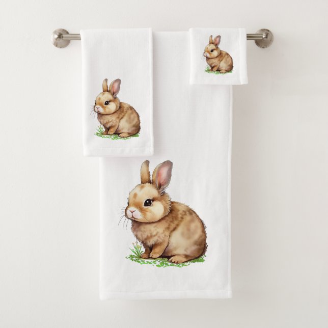 Cute Bunny on White Bath Towel Set (Insitu)