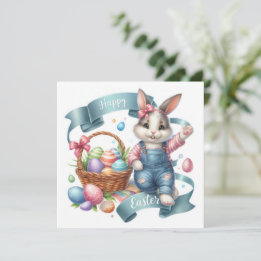 Cute Bunny Overalls Illustration Easter Holiday Card