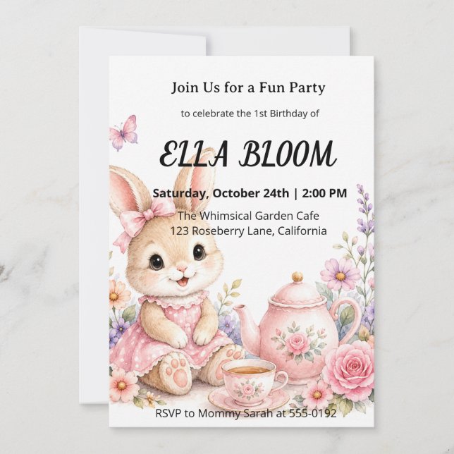 Cute Bunny Party 1st Birthday Invitation (Front)