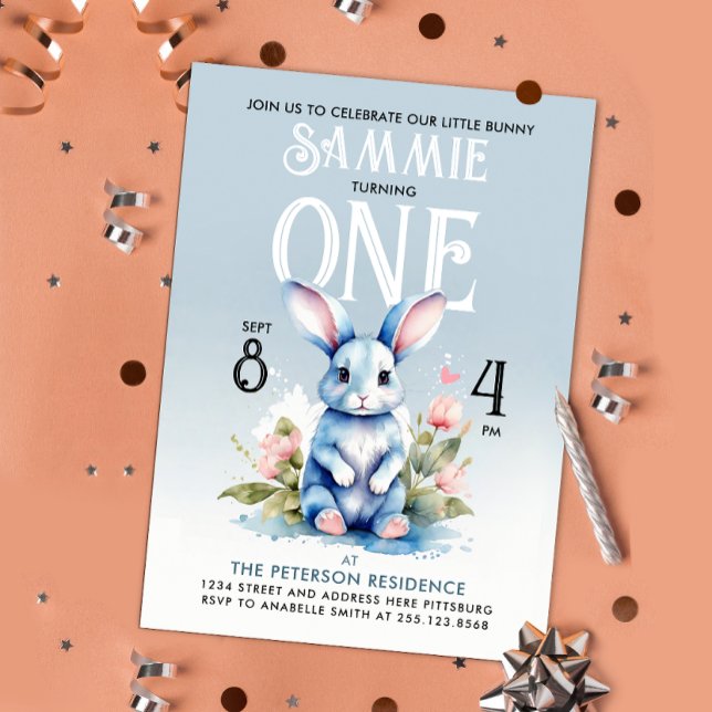 Cute Bunny Pastel Floral Birthday Party Watercolor Invitation (Creator Uploaded)