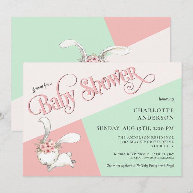 Cute Bunny Pastel Girl Baby Shower Invitation (Front/Back)