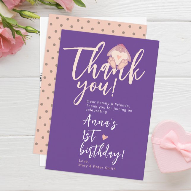  Cute Bunny Pastel Pink And Purple 1st Bday Party Thank You Card (Creator Uploaded)