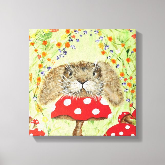 Cute Bunny peeping over Toadstool Canvas (Front)