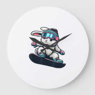Cute Bunny Performing Snowboarding Trick Kids East Large Clock