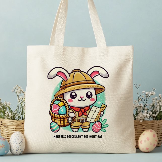 Cute Bunny Personalised Easter Egg Hunt Tote Bag (Make this Easter extra special with our adorable personalized Easter egg hunt tote bag!)