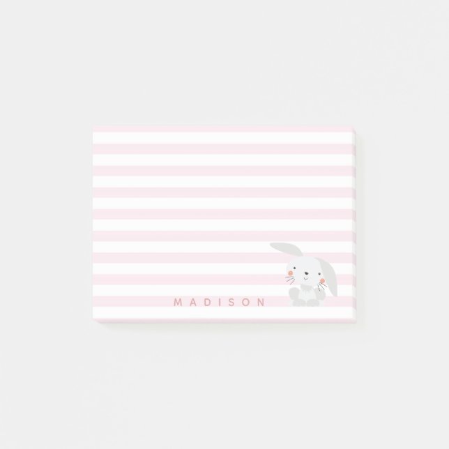 Cute Bunny - Personalised Pink Striped Kids Post-it Notes (Front)