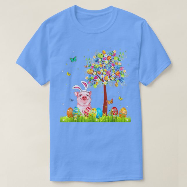 Cute Bunny Pig Easter Eggs Tree Easter  T-Shirt (Design Front)