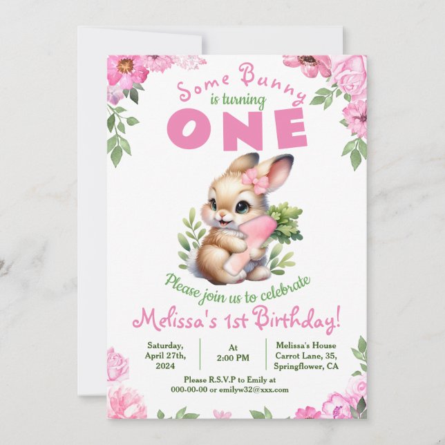 Cute Bunny Pink 1st Birthday Girl Floral Invitatio Invitation (Front)