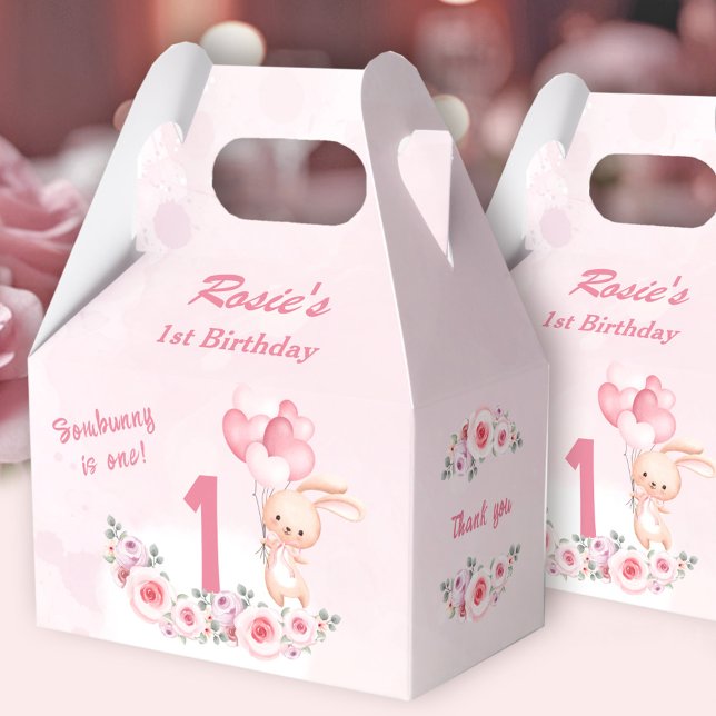Cute Bunny Pink 1st Birthday Girl Floral Spring Favour Box (Cute Bunny Pink 1st Birthday Girl Floral Spring Favor Boxes)