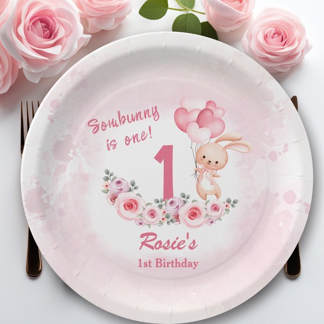 Cute Bunny Pink 1st Birthday Girl Floral Spring Paper Plate (Cute Bunny Pink 1st Birthday Girl Floral Spring Paper Plates)