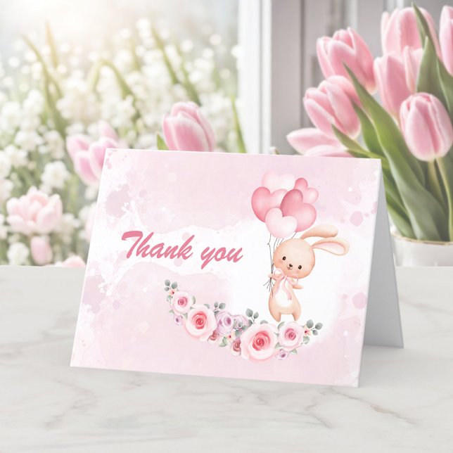 Cute Bunny Pink 1st Birthday Girl Floral Spring Thank You Card (Cute Bunny Pink 1st Birthday Girl Floral Spring Thank You Card)