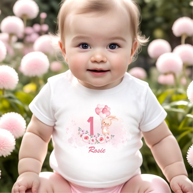 Cute Bunny Pink 1st Birthday Name Floral Spring Baby T-Shirt (Cute Bunny Pink 1st Birthday Girl Floral Spring Baby T-Shirt)