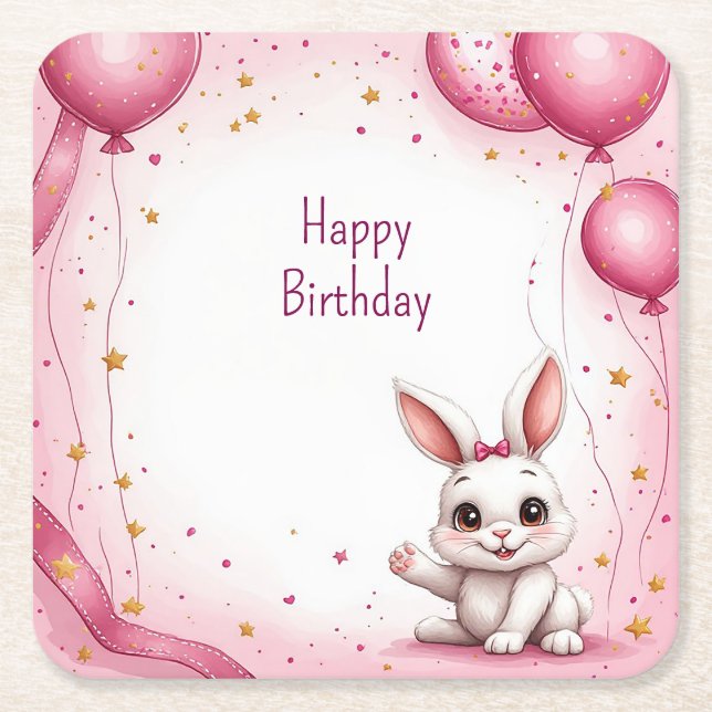 Cute Bunny Pink Baby 🐰 Square Paper Coaster (Front)