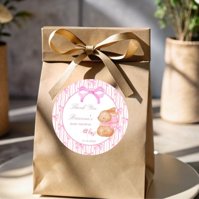 Cute Bunny pink bow baby shower favour Classic Round Sticker (Cute Bunny pink bow baby shower personalized favor Stickers thank you stickers)