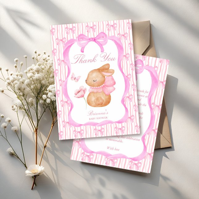 Cute Bunny pink bow border girls baby shower Thank You Card (Cute Bunny pink bow border girls baby shower Thank You Cards spring baby shower thank you cards)