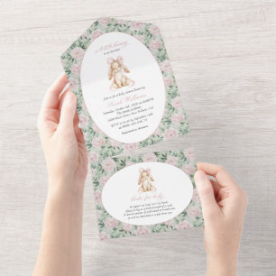 Cute Bunny, Pink Bow, Pink Flowers, Baby Shower All In One Invitation
