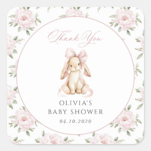 Cute Bunny, Pink Bow, Pink Flowers, Baby Shower Square Sticker