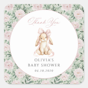 Cute Bunny, Pink Bow, Pink Flowers, Baby Shower Square Sticker