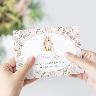Cute Bunny, Pink Bow, Pink Flowers, Baby Shower Thank You Card