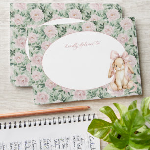 Cute Bunny, Pink Bow, Pink Flowers, First Birthday Envelope