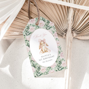 Cute Bunny, Pink Bow, Pink Flowers, First Birthday Gift Tags