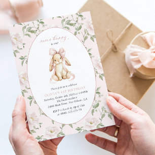 Cute Bunny, Pink Bow, Pink Flowers, First Birthday Invitation