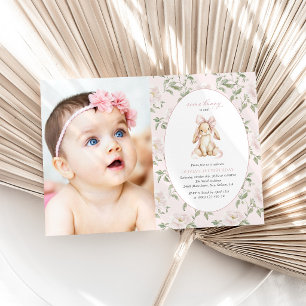 Cute Bunny, Pink Bow, Pink Flowers, First Birthday Invitation