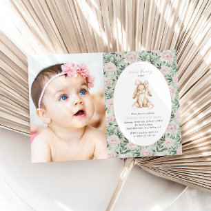 Cute Bunny, Pink Bow, Pink Flowers, First Birthday Invitation