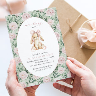 Cute Bunny, Pink Bow, Pink Flowers, First Birthday Invitation