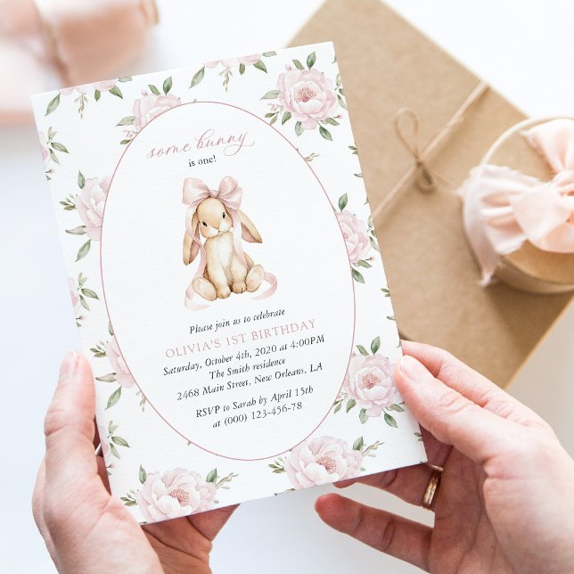 Cute Bunny, Pink Bow, Pink Flowers, First Birthday Invitation (Creator Uploaded)