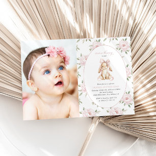 Cute Bunny, Pink Bow, Pink Flowers, First Birthday Invitation