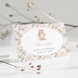 Cute Bunny, Pink Bow, Pink Flowers, First Birthday Thank You Card