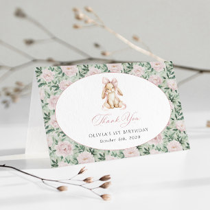 Cute Bunny, Pink Bow, Pink Flowers, First Birthday Thank You Card
