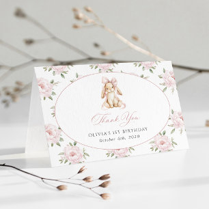 Cute Bunny, Pink Bow, Pink Flowers, First Birthday Thank You Card