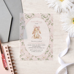 Cute Bunny, Pink Bow, Pink Flowers, First Birthday Vellum Invitations