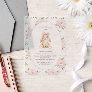 Cute Bunny, Pink Bow, Pink Flowers, First Birthday Vellum Invitations
