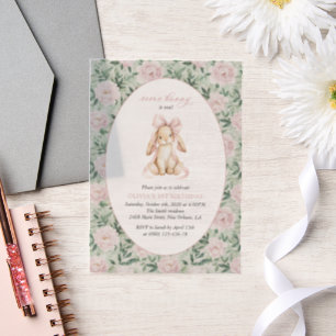 Cute Bunny, Pink Bow, Pink Flowers, First Birthday Vellum Invitations