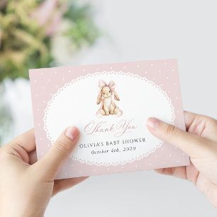 Cute Bunny, Pink Bow, Pink Polka Dots, Baby Shower Thank You Card
