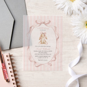 Cute Bunny, Pink Bow, Pink Stripes, Baby Shower Vellum Invitations