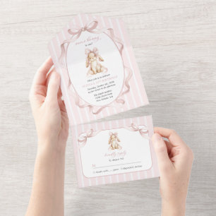 Cute Bunny, Pink Bow, Pink Stripes, First Birthday All In One Invitation