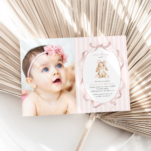 Cute Bunny, Pink Bow, Pink Stripes, First Birthday Invitation
