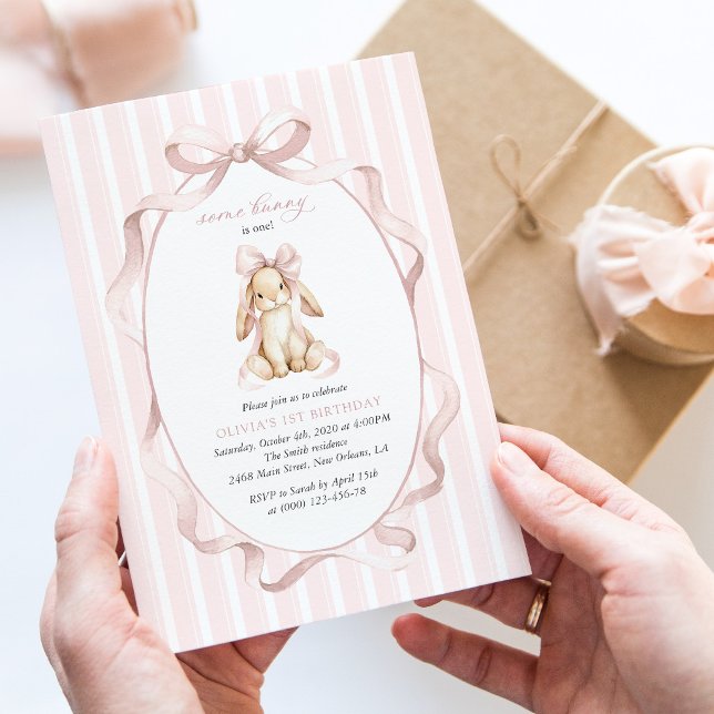 Cute Bunny, Pink Bow, Pink Stripes, First Birthday Invitation (Creator Uploaded)