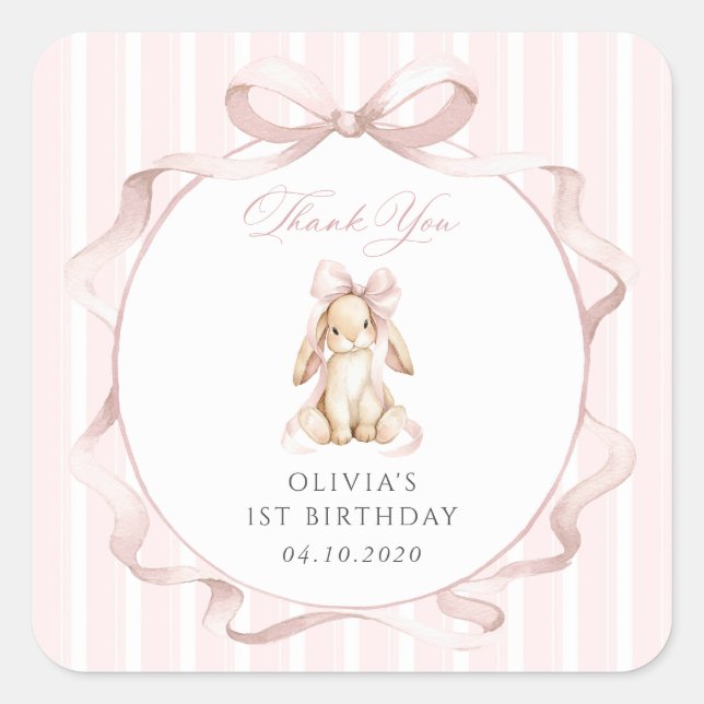 Cute Bunny, Pink Bow, Pink Stripes, First Birthday Square Sticker (Front)
