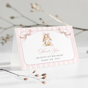 Cute Bunny, Pink Bow, Pink Stripes, First Birthday Thank You Card